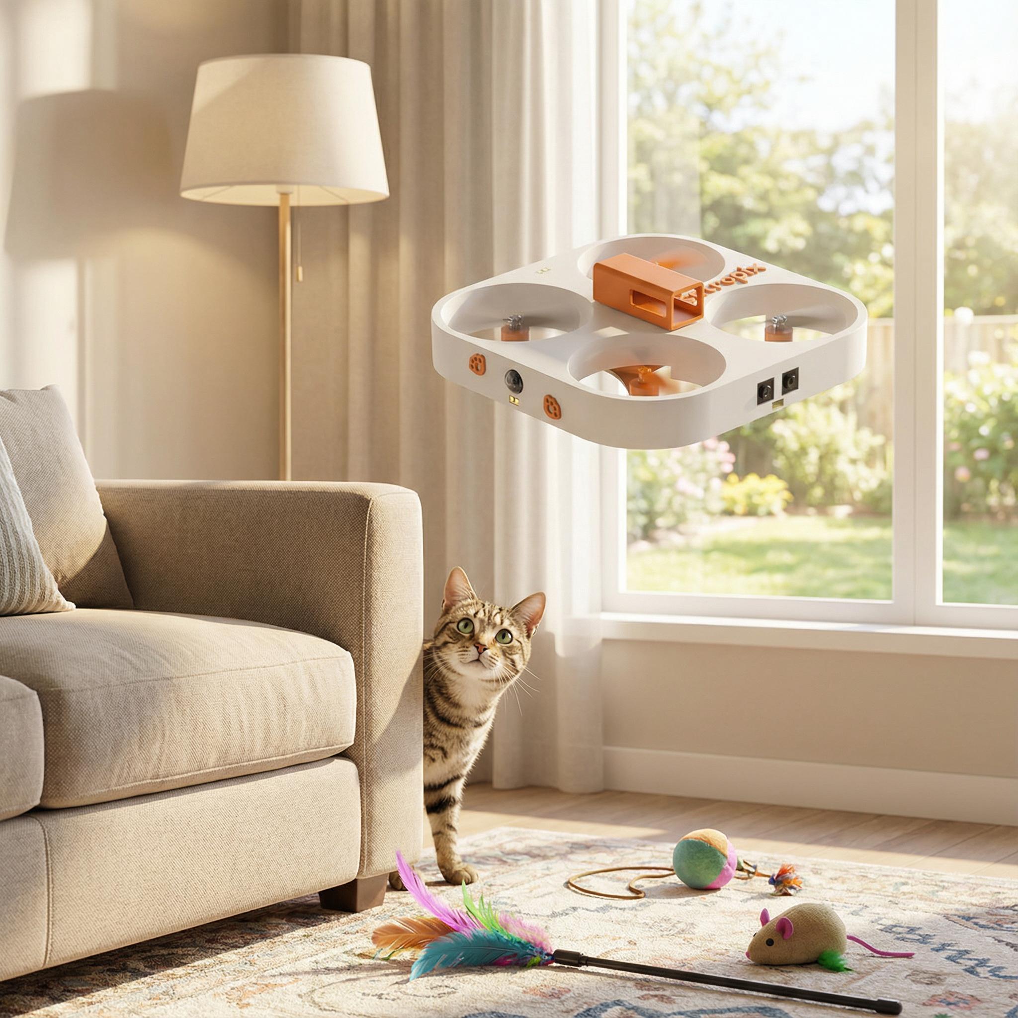 Flyer O1 hovering in front of a cat, eye-level POV