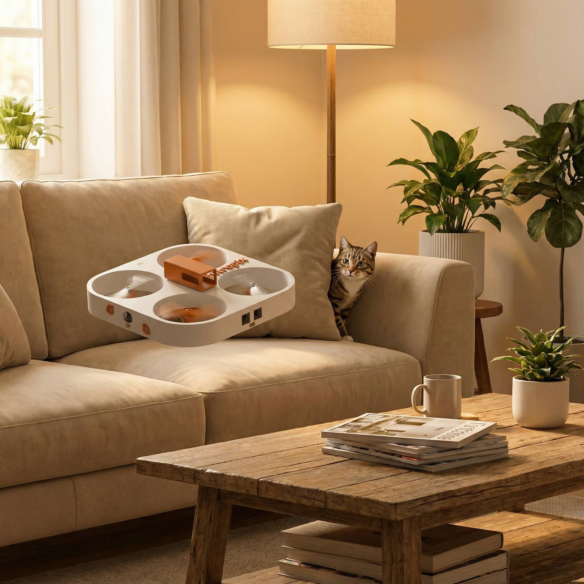 Cat staying calm near Flyer O1; noise comparison graphic